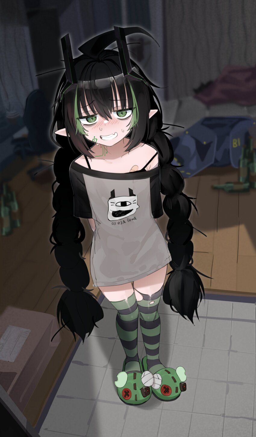 1girl absurdres ahoge arms_behind_back bandaid_on_chest black_horns black_thighhighs bottle braid elf elfinpsyop facial_mark full_body green_eyes green_hair green_thighhighs grey_shirt highres horns huge_ahoge indie_virtual_youtuber indoors krumroll_(artist) long_hair multicolored_hair pointy_ears shirt slippers solo standing streaked_hair striped_clothes striped_thighhighs sweat teeth thighhighs twin_braids virtual_youtuber wooden_floor