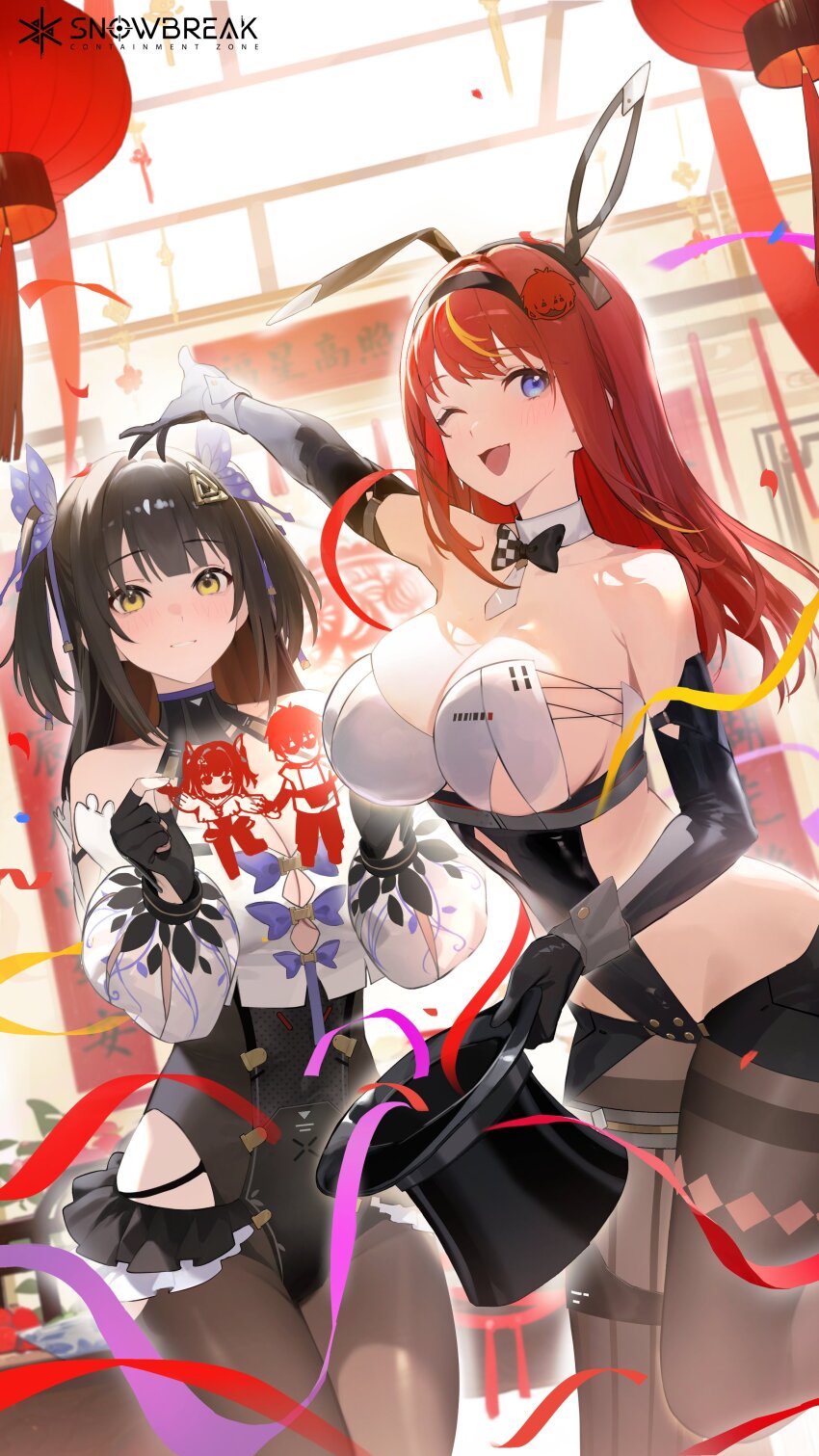 2girls ;d absurdres adjutant_(snowbreak) animal_ears arm_up artist_request bare_shoulders black_bow black_bowtie black_gloves black_hairband black_leotard black_pantyhose blonde_hair blue_eyes blunt_bangs bow bowtie breasts brown_hair butterfly_hair_ornament chinese_new_year cleavage closed_mouth collarbone commentary confetti detached_collar detached_sleeves english_commentary fake_animal_ears fingerless_gloves gloves hair_ornament hairband hat highres hip_vent holding holding_unworn_clothes holding_unworn_hat indoors large_breasts leotard leotard_under_clothes logo long_hair looking_at_viewer magic_trick multicolored_hair multiple_girls official_alternate_costume official_art one_eye_closed open_mouth pantyhose paper_cutout rabbit_ears red_hair second-party_source shirt sidelocks siris_(snowbreak) sleeveless sleeveless_shirt smile snowbreak:_containment_zone standing standing_on_one_leg streaked_hair swept_bangs tess_kotkin top_hat two-tone_hair two_side_up unworn_hat unworn_headwear white_shirt white_sleeves wrist_cuffs yellow_eyes