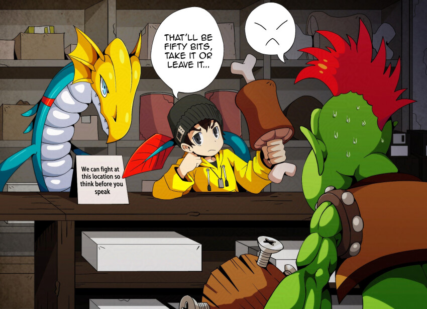 annoyed blue_eyes bone club_(weapon) d_sandy digimon digimon_(creature) dragon food goburimon hat jacket mameo_(digimon) meat mohawk red_hair seadramon solo