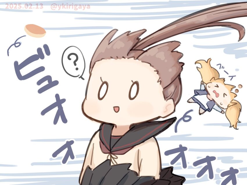 &gt;_&lt; 2girls ? ayanami_(kancolle) ayanami_kai_ni_(kancolle) black_skirt blonde_hair brown_hair chibi closed_eyes commentary_request dated food gambier_bay_(kancolle) gambier_bay_(saury_festival)_(kancolle) kantai_collection kirigaya_yuuji long_hair long_sleeves multiple_girls neckerchief open_mouth out-of-frame_censoring pancake pleated_skirt sailor_collar shorts side_ponytail simple_background skirt sound_effects spoken_question_mark sweat twitter_username upper_body wind wind_lift