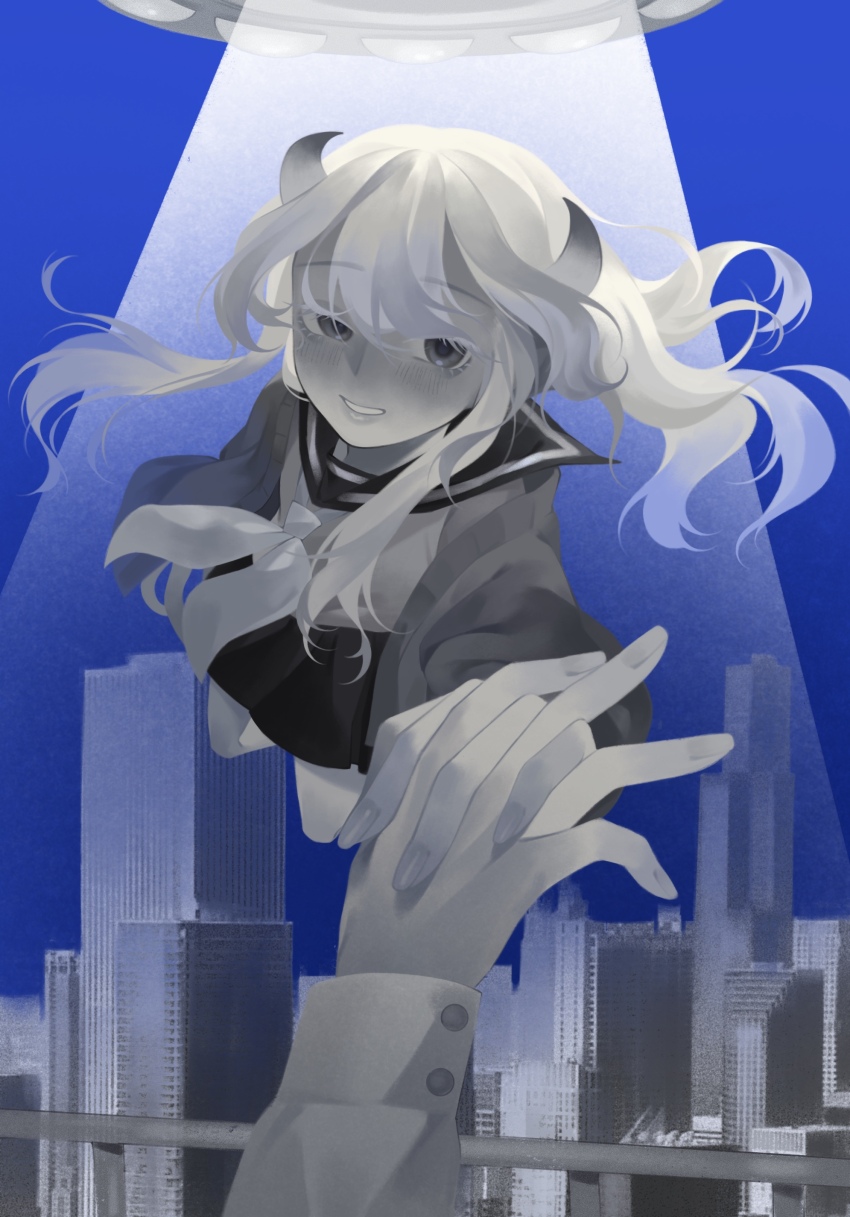 1girl 1other absurdres blue_sky blush building cardigan city day floating floating_hair greyscale_with_colored_background grin highres holding_hands horns interlocked_fingers isei_(iyowa) isei_ni_ikou_ne_(cevio) iyowa_girls long_sleeves looking_at_viewer midair moonmart open_cardigan open_clothes out_of_frame outdoors pleated_skirt pov pov_hands railing school_uniform serafuku shirt skirt sky skyscraper smile solo_focus tractor_beam ufo