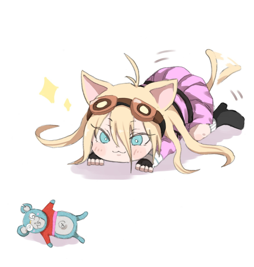1girl :3 animal_ears bababaeki00 black_gloves black_shoes blonde_hair blush cat_ears cat_girl cat_tail danganronpa_(series) danganronpa_v3:_killing_harmony fingerless_gloves gloves goggles goggles_on_head green_eyes hair_between_eyes highres iruma_miu long_hair pink_skirt shoes skirt smile stuffed_animal stuffed_mouse stuffed_toy tail
