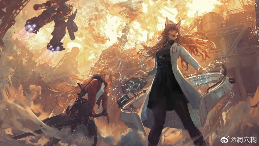 2girls action animal_ears black_skirt blonde_hair cat_ears cavehuuu chinese_commentary commentary_request explosion fingerless_gloves fur_collar girls&#039;_frontline girls&#039;_frontline_neural_cloud gloves highres holding holding_sword holding_weapon id_card jacket lab_coat long_hair multiple_girls open_mouth orange_jacket pants pantyhose persicaria_(neural_cloud) pink_hair ponytail ribbed_shirt robot shirt skirt sol_(neural_cloud) sword watermark weapon weibo_watermark white_shirt