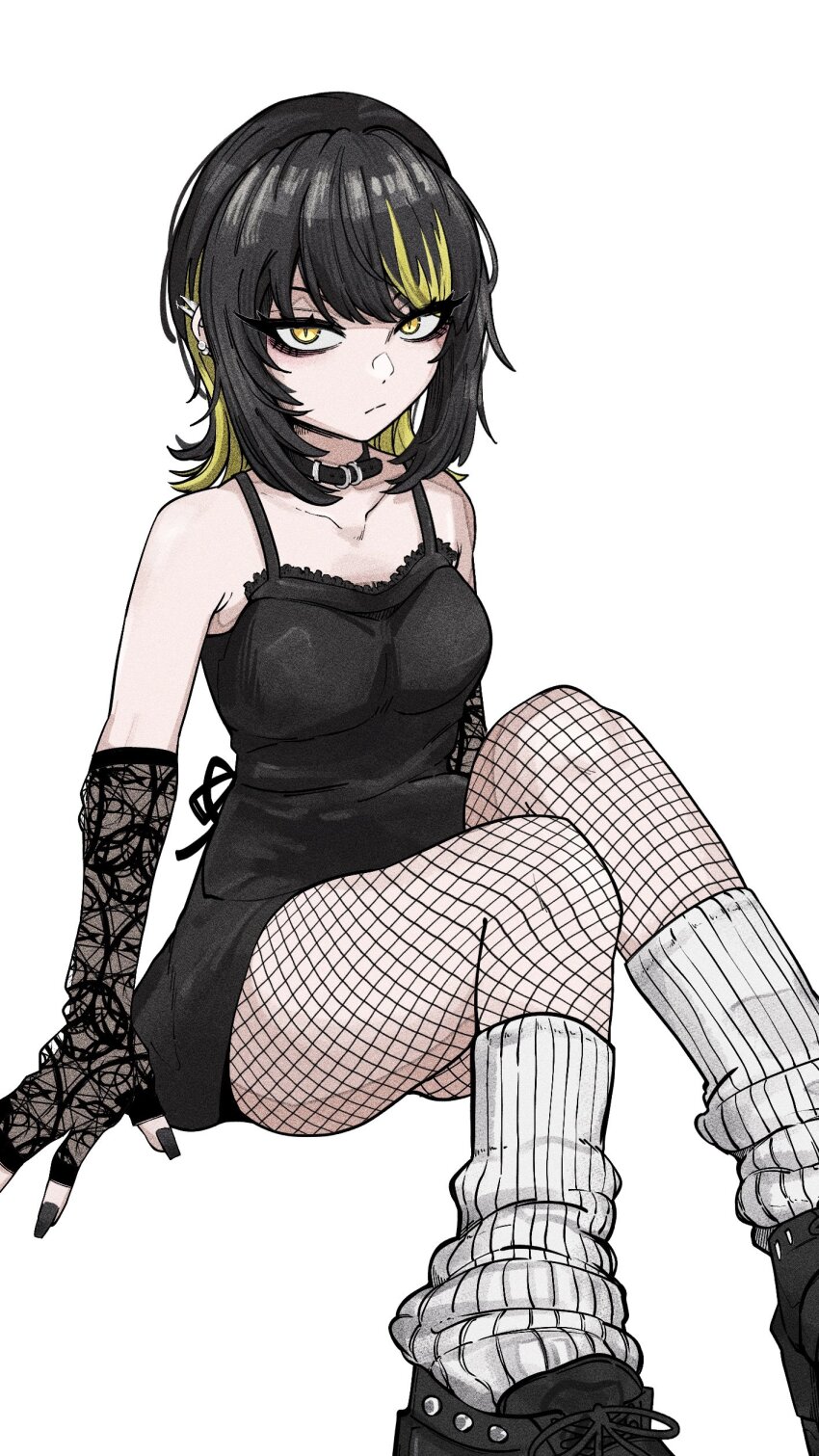 1girl absurdres applying_manicure belt_collar black_dress black_gloves black_hair black_nails black_shoes blonde_hair collar collarbone dress elbow_gloves fingerless_gloves fishnet_pantyhose fishnets gloves highres idolmaster idolmaster_shiny_colors ikaruga_luca lace lace_gloves looking_at_viewer loose_socks multicolored_hair pantyhose shoes simple_background sitting sneakers socks solo streaked_hair umanium white_background white_socks yellow_eyes