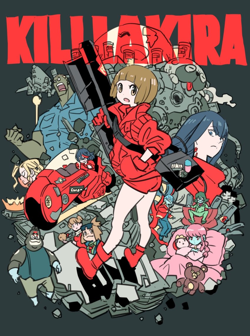 6+boys 6+girls akira_(manga) bag blue_skin blue_skirt blunt_bangs boots braid brown_eyes brown_hair colored_skin cosplay crossover dark_skin energy_gun finger_on_trigger full_body gamagoori_ira gun guts_(kill_la_kill) hand_in_pocket highres holding holding_gun holding_weapon inumuta_houka iori_shirou jacket jakuzure_nonon kaneda_shoutarou&#039;s_bike kill_la_kill kiryuuin_satsuki laser_rifle long_hair long_sleeves looking_at_viewer mankanshoku_barazou mankanshoku_mako mankanshoku_matarou mankanshoku_sukuyo matoi_ryuuko motor_vehicle motorcycle multiple_boys multiple_girls muscular open_mouth parody puffy_long_sleeves puffy_sleeves red_footwear red_jacket red_shorts sanageyama_uzu short_hair short_sleeves shorts shoulder_bag skirt sport_bike stuffed_animal stuffed_toy swept_bangs takeuchi_ryousuke teddy_bear weapon