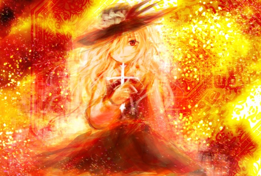 1girl blonde_hair bow closed_mouth commentary cross dated_commentary dolls_in_pseudo_paradise english_commentary expressionless frilled_hat frills hair_over_one_eye hat hat_feather highres holding holding_cross jacket_girl_(dipp) long_hair long_sleeves looking_at_viewer octagon orange_theme red_eyes ribbon sitting skirt solo staring touhou user_rdeh3228 vest wavy_hair white_ribbon
