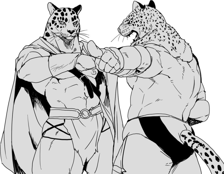 2boys abs animal_ears bara cape cropped_legs crossover fingerless_gloves gloves guin guin_saga jaguar_ears jaguar_tail kamado023 king_(tekken) leopard_ears loincloth looking_at_viewer monochrome multiple_boys muscular muscular_male nipples open_mouth simple_background strap tail white_background wrestling_mask wrestling_outfit