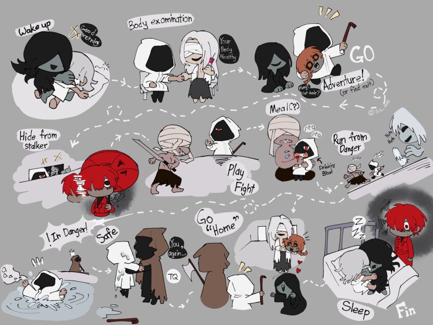 6+boys axe bandages bandages_over_eyes bed black_hair black_robe braid brown_cloak chibi cloak crowbar english_text faceless faceless_female grey_background heroine_(homicipher) hiding highres holding holding_axe holding_crowbar homicipher hood hooded_cloak long_hair mr._chopped mr._crawling mr._gap mr._hood mr._hugeface mr._machete mr._scarletella mr._silvair multiple_boys open_mouth orange_eyes orange_hair raincoat red_hair robe searching simple_background sleeping smile ss_ashi very_long_hair white_hair white_raincoat