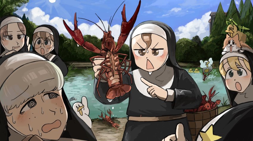 6+girls :&lt; :o @_@ animal animal_on_head baby_animal basket bird blonde_hair blue_eyes brown_eyes brown_hair bush cat catfish chicken clumsy_nun_(diva) commentary crayfish diva_(hyxpk) drooling duck duckling english_commentary fish freckles froggy_nun_(diva) glasses glasses_nun_(diva) grey_hair habit highres holding holding_animal hungry_nun_(diva) little_nuns_(diva) mouth_drool multiple_girls nervous_sweating nun on_head outdoors pinching pointing pond praying_mantis reflection round_eyewear sheep_nun_(diva) slice_of_life star_nun_(diva) star_ornament sun surprised sweat thumbs_up traditional_nun tree triangle_mouth wet wet_clothes