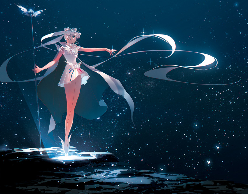 1girl a_sumaru bishoujo_senshi_sailor_moon bishoujo_senshi_sailor_moon_stars blue_eyes brooch cape choker double_bun earrings facial_mark forehead_mark hair_bun hair_ornament hairpin heart_hair_bun holding holding_staff jewelry long_hair sailor_collar sailor_cosmos sailor_senshi_uniform skirt smile solo staff twintails very_long_hair white_choker white_hair white_sailor_collar wing_brooch winged_footwear wings