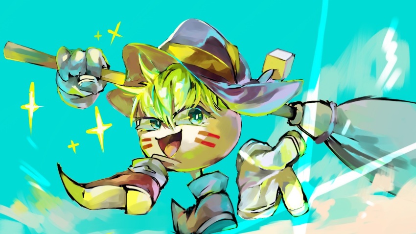 akakiao_tea aqua_background broom commentary_request cube_hat_ornament disembodied_hand eyelashes gleam gloves green_eyes green_hair gryll_(kirby) hat high_heels holding holding_broom kirby_(series) light_particles looking_at_viewer looking_back marking_on_cheek nintendo no_humans open_mouth outstretched_hand pointy_footwear purple_hat red_footwear short_hair smile socks solo sparkle striped_clothes striped_headwear two-sided_fabric two-sided_headwear two-tone_headwear white_gloves white_socks witch_hat yellow_hat