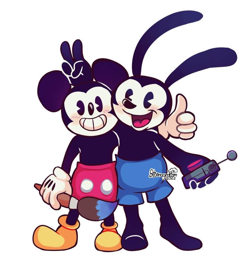 2boys animal_ears disney epic_mickey gloves highres holding looking_at_viewer male_focus mickey_mouse mickey_mouse_&amp;_friends mouse_boy mouse_ears multiple_boys open_mouth oswald_the_lucky_rabbit paintbrush rabbit rabbit_boy rabbit_ears shorts smile stormagedoom tail