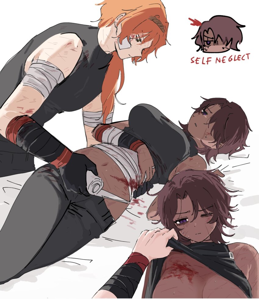 1boy 1girl applying_bandages bandaged_arm bandages bandaid bandaid_on_face black_gloves black_pants black_shirt blood blood_on_body blood_on_clothes bloody_bandages breasts brown_hairband cleavage genderswap genderswap_(ftm) genderswap_(mtf) gloves hairband hand_up heathcliff_(project_moon) highres ishmael_(project_moon) large_breasts limbus_company long_hair lying ngancurindunia on_back orange_hair pants project_moon recursive_genderswap rope shi_association_south_uniform shirt simple_background sleeveless sleeveless_shirt white_background