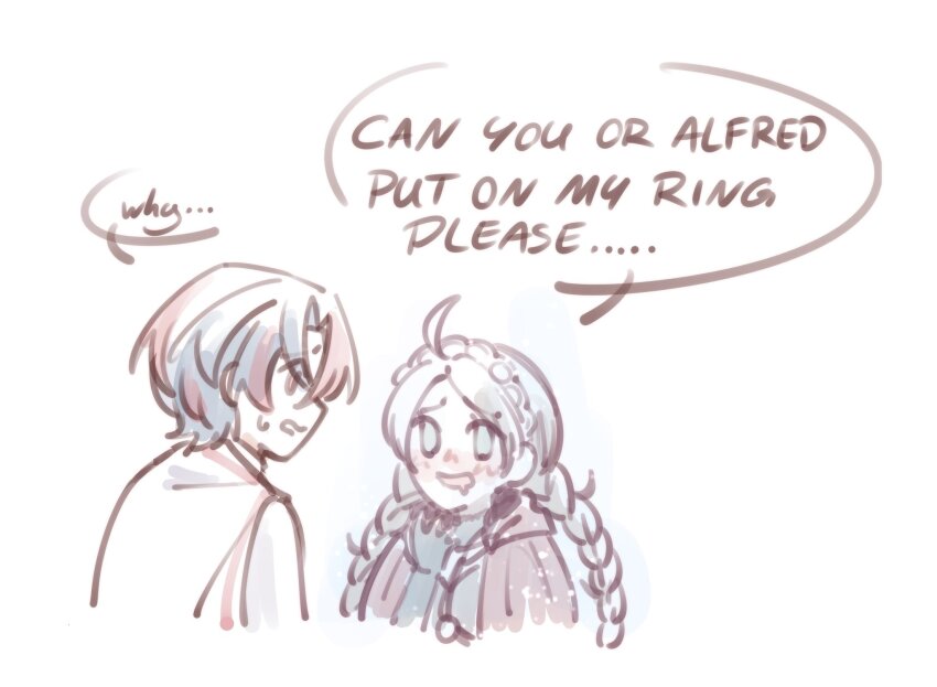 1boy 1girl ahoge female_alear_(fire_emblem) blue_eyes blue_hair braid capelet drooling fire_emblem fire_emblem_engage fire_emblem_fates fujoshi harness highres hood hooded_capelet long_hair looking_at_viewer low_twin_braids merylemons multicolored_hair nina_(fire_emblem) nintendo o-ring o-ring_harness open_mouth parted_bangs red_hair red_hood solo speech_bubble split-color_hair twin_braids two-tone_hair white_hair