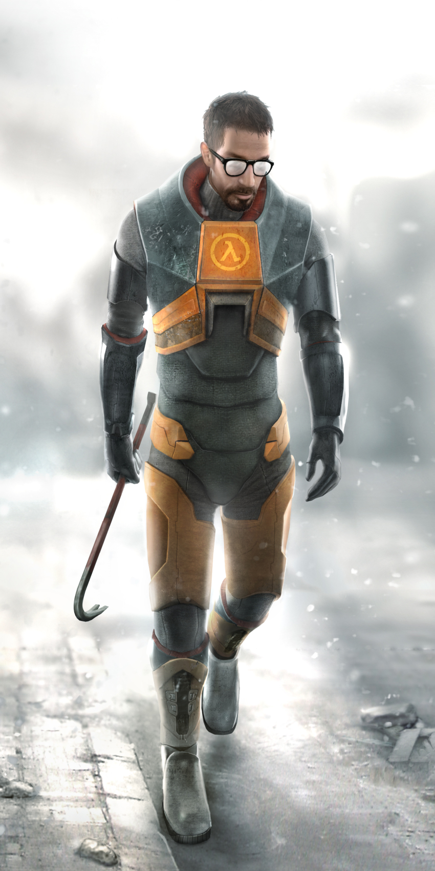 1boy absurdres armor beard blurry blurry_background boots brown_hair cover crowbar dhabih_eng facial_hair full_body glasses gloves gordon_freeman half-life half-life_(series) half-life_2 hev_suit highres holding holding_crowbar holding_weapon looking_down male_focus official_art outdoors realistic short_hair snowing solo standing video_game_cover walking weapon
