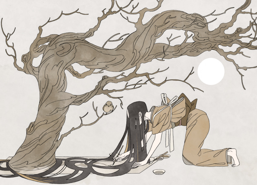 1girl absurdly_long_hair absurdres all_fours back_bow bare_tree barefoot bird black_hair bow brown_kimono check_commentary commentary_request grey_background highres holding holding_paintbrush japanese_clothes kimono long_hair obi obiage obijime original paintbrush painting_(action) parted_bangs ribbon sash short_sleeves solo sun surie tree very_long_hair waterpaint white_ribbon
