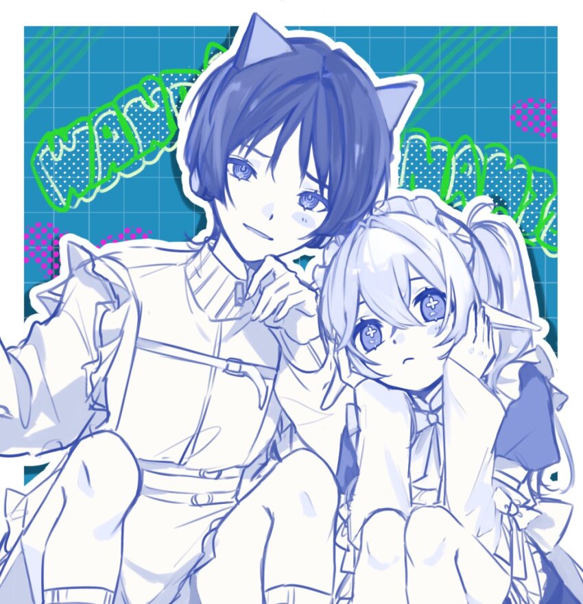 1boy 1girl alternate_costume animal_ear_headphones animal_ears blunt_ends blush_stickers border bow casual cat_ear_headphones chest_harness closed_mouth contemporary cross-shaped_pupils crossed_bangs detached_sleeves ears_down fake_animal_ears fingernails frilled_hairband frills genshin_impact grid_background hair_between_eyes hair_intakes hairband hands_on_own_face hands_up harness headphones highres juliet_sleeves long_hair long_sleeves looking_at_viewer monochrome nahida_(genshin_impact) onigiri_po_0205 open_mouth outline pointy_ears puffy_sleeves ribbed_collar ringed_eyes scaramouche_(genshin_impact) side_ponytail sidelocks sitting symbol-shaped_pupils wanderer_(genshin_impact) white_border white_outline