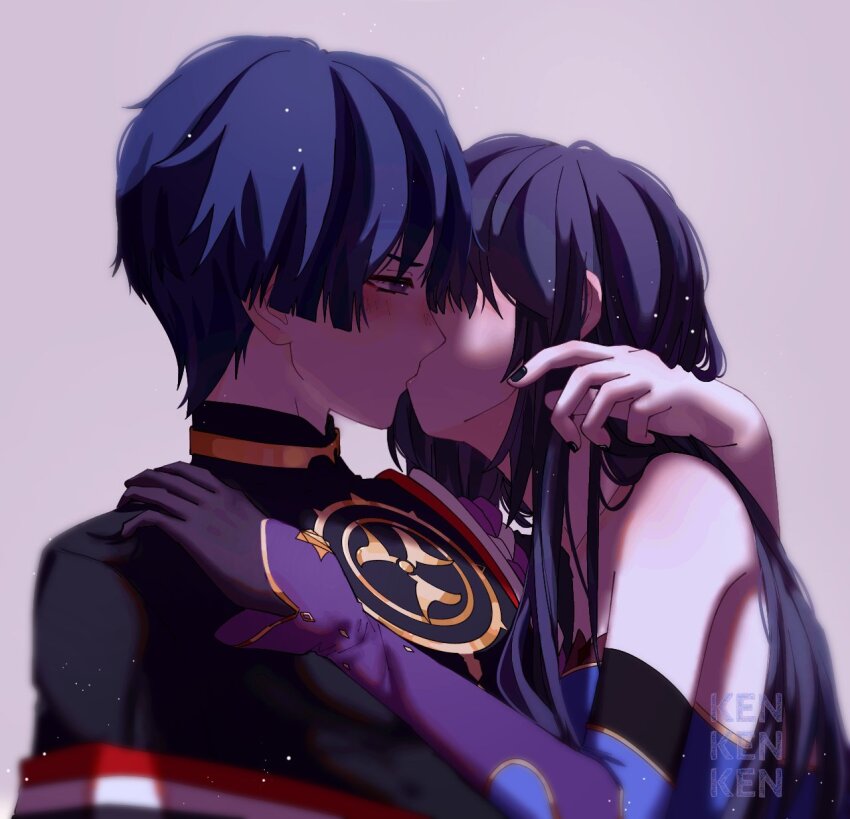 1boy 1girl alternate_hairstyle artist_name bare_shoulders black_bodysuit black_gloves black_hair black_kimono black_nails blue_leotard blue_sleeves blunt_ends blurry blush bodysuit breasts collarbone couple depth_of_field detached_sleeves elbow_gloves eyelashes eyeliner eyeshadow genshin_impact gloves gold gold_trim hair_down hair_over_eyes half-closed_eyes han&#039;eri hand_in_another&#039;s_hair hand_on_another&#039;s_shoulder hetero highres japanese_clothes jewelry kimono kiss layered_kimono leaning_back leaning_on_person leotard long_hair looking_at_another makeup mandarin_collar mitsudomoe_(shape) mona_(genshin_impact) moriko_ken11 neck_ring open_clothes open_kimono purple_eyes purple_hair purple_rope purple_sleeves red_eyeliner red_eyeshadow red_kimono rope scaramouche_(genshin_impact) shimenawa single_off_shoulder small_breasts star_(symbol) star_print strapless strapless_leotard tomoe_(symbol) tsurime two-tone_sleeves white_kimono white_rope