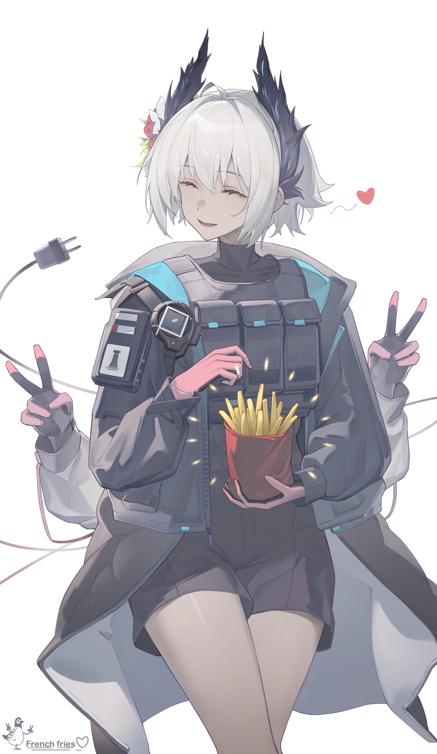 1girl 2sankta arknights bilibili black_coat closed_eyes coat cowboy_shot dark-skinned_female dark_skin double_v electric_plug food french_fries greyscale heart monochrome pink_hair raidian_(arknights) short_hair shorts simple_background smile solo thigh_gap v white_background