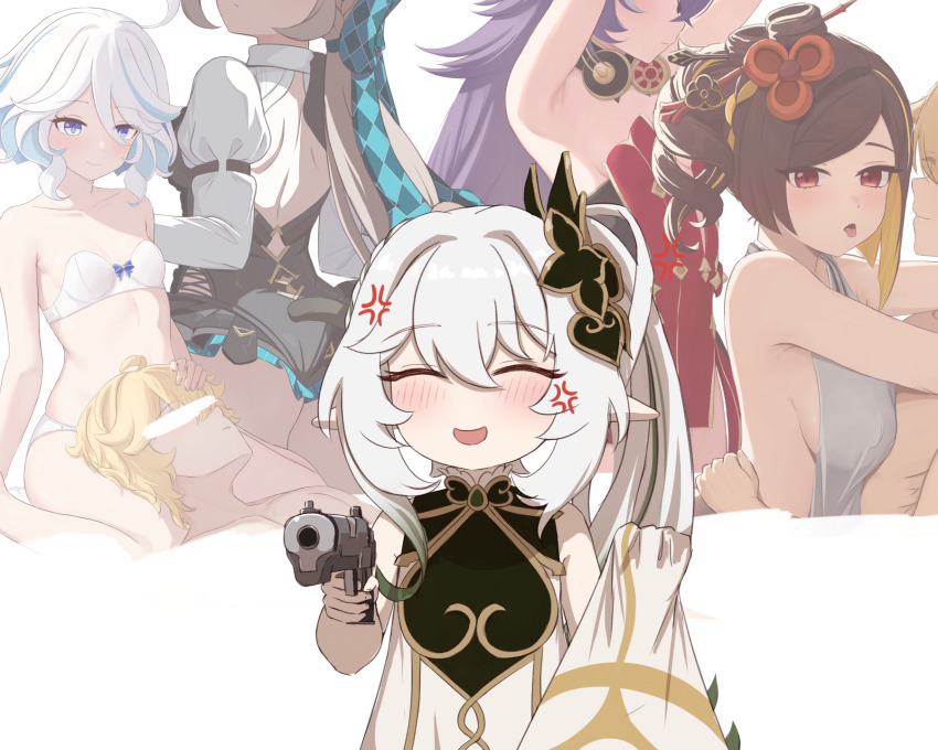 1boy 1girl :d ^_^ aether_(genshin_impact) aiming aiming_at_viewer anger_vein armpits bare_back blue_eyes blush breasts brown_hair cameo chevreuse_(genshin_impact) chiori_(genshin_impact) cleavage closed_eyes commentary_request dress drill_hair flashback furina_(genshin_impact) genshin_impact gradient_hair grey_hair gun hair_between_eyes hair_ornament hairpin handgun highres holding holding_gun holding_unworn_clothes holding_unworn_scarf holding_weapon jealous leaf_hair_ornament long_hair looking_at_viewer lying_on_lap lynette_(genshin_impact) medium_breasts mockingeu multicolored_hair nahida_(genshin_impact) navel open_mouth pointy_ears pov purple_hair red_eyes scarf side_drill side_ponytail sidelocks simple_background smile stomach streaked_hair two-tone_hair unworn_scarf weapon white_dress white_hair white_scarf