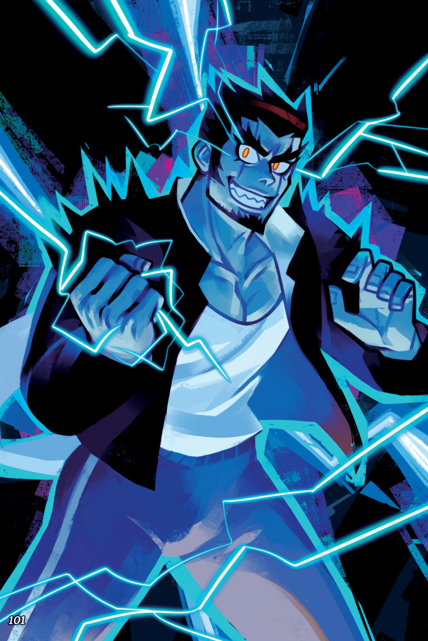1boy ballooncar blue_theme clenched_hand danganronpa_(series) danganronpa_2:_goodbye_despair electricity facial_hair fingernails grin highres jacket long_sleeves male_focus muscular muscular_male nidai_nekomaru non-web_source open_clothes open_jacket page_number pants scar scar_across_eye scar_on_face sharp_teeth shirt short_hair sideburns smile solo teeth thick_eyebrows yellow_eyes