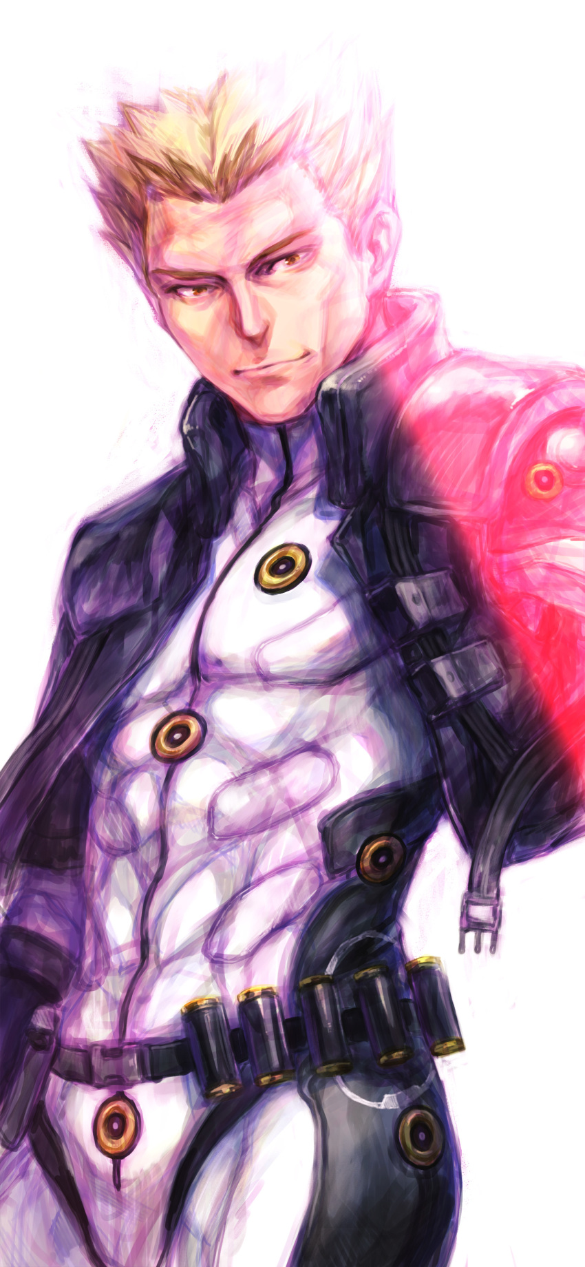 1boy absurdres black_jacket blonde_hair bodysuit brown_eyes cropped_jacket hair_behind_ear highres jacket looking_down male_focus nakamura_kanko pilot_suit smile solo super_robot_wars super_robot_wars_x-omega white_background white_bodysuit ziggy_star