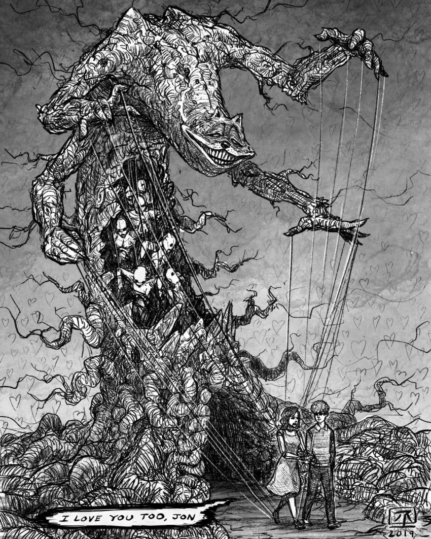 1boy 1girl animal_ears arms_up body_horror cat cat_ears commentary dr._liz_wilson eldritch_abomination english_commentary evil_smile extra_arms extra_hands garfield garfield_(character) heart highres holding holding_another&#039;s_arm hole horror_(theme) jon_arbuckle jr_(jarsarts) puppet puppeteering smile speech_bubble string teeth tentacles wire
