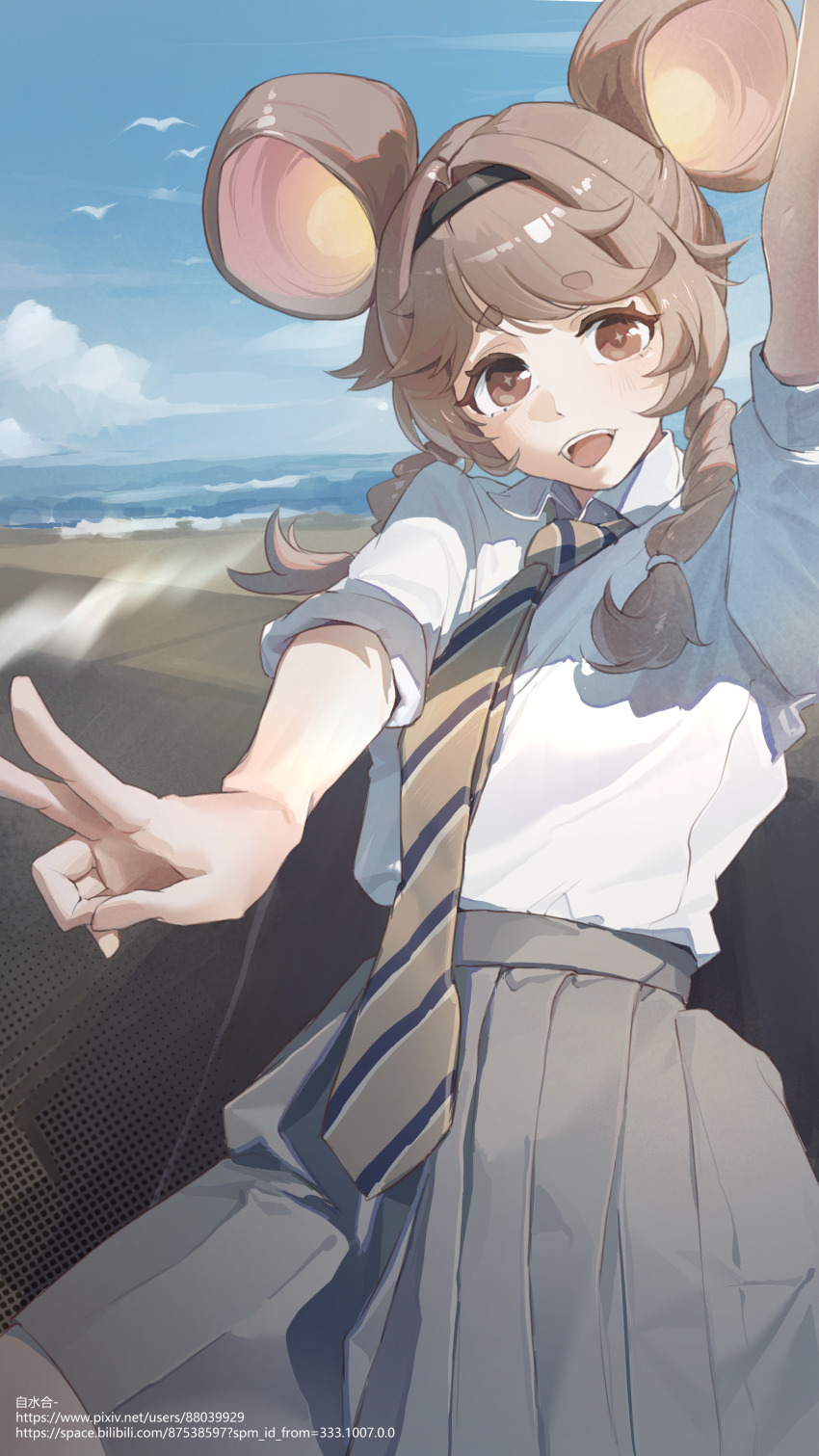 1girl absurdres alternate_costume arm_up black_hairband blue_sky braid brown_eyes brown_necktie collared_shirt commentary_request day grey_skirt hairband highres jimizuai- looking_at_viewer low_twin_braids lumi_(wuthering_waves) necktie open_mouth outdoors outstretched_arm school_uniform shirt shirt_tucked_in skirt sky smile solo striped_necktie teeth thick_eyebrows twin_braids upper_teeth_only v white_shirt wuthering_waves