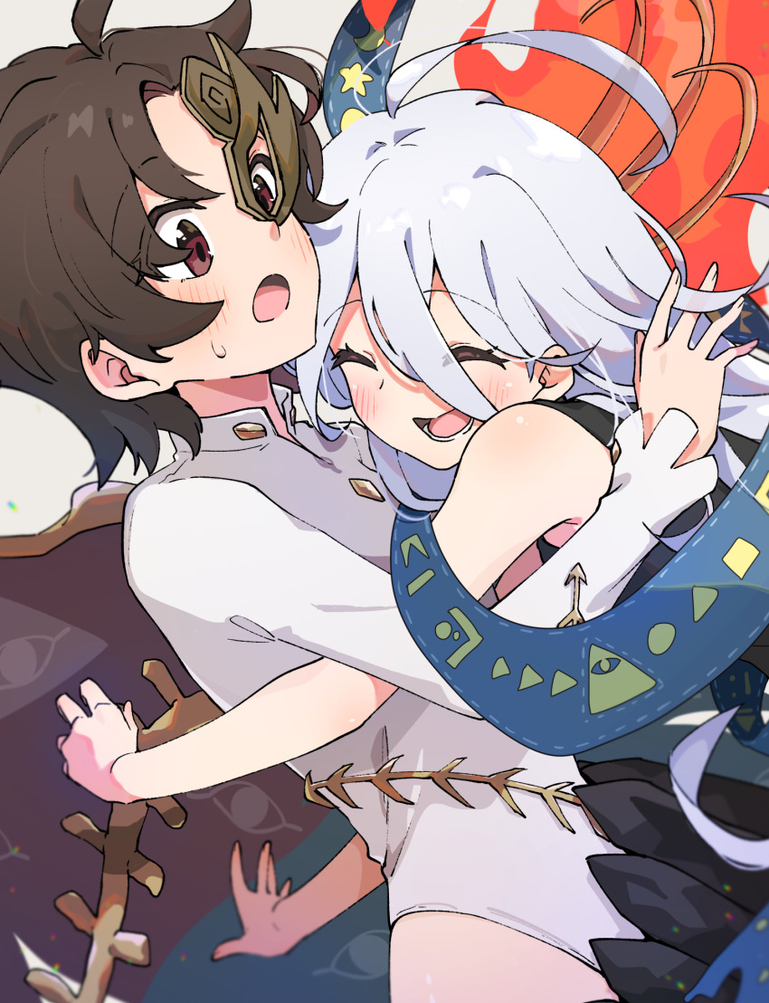 2girls ahoge asymmetrical_wings bare_shoulders blush brown_eyes brown_hair brown_wings buttons diamond_button dress eye_of_providence fiery_wings half_mask happy highres hug iwanaga_ariya lower_teeth_only mask multiple_girls open_mouth ribbon_around_body short_hair skeletal_wings sleeveless surprise_hug surprised sweat take_no_ko_(4919400) teeth touhou white_dress white_hair wings yuiman_asama yuri