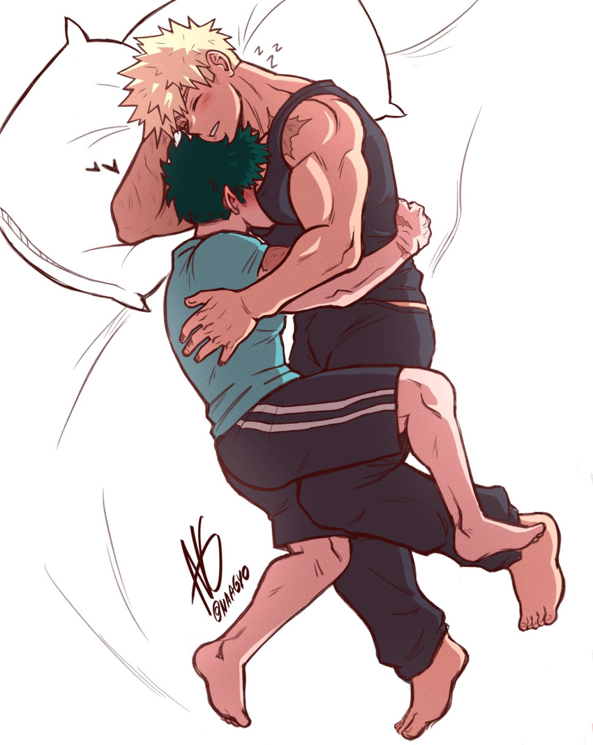 2boys bakugou_katsuki bed_sheet blonde_hair boku_no_hero_academia feet green_hair highres hug male_focus midoriya_izuku multiple_boys muscular muscular_male naagyoo pectoral_cleavage pectoral_pillow pectorals pillow scar scar_on_arm sleeping tank_top yaoi