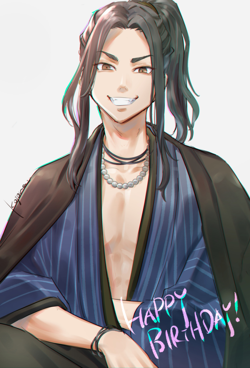 1boy baji_keisuke black_hair black_jacket blue_kimono brown_eyes cowboy_shot cst grin happy_birthday highres jacket jacket_on_shoulders japanese_clothes jewelry kimono long_hair looking_at_viewer male_focus necklace pearl_necklace ponytail simple_background smile solo standing teeth tokyo_revengers v-shaped_eyebrows white_background