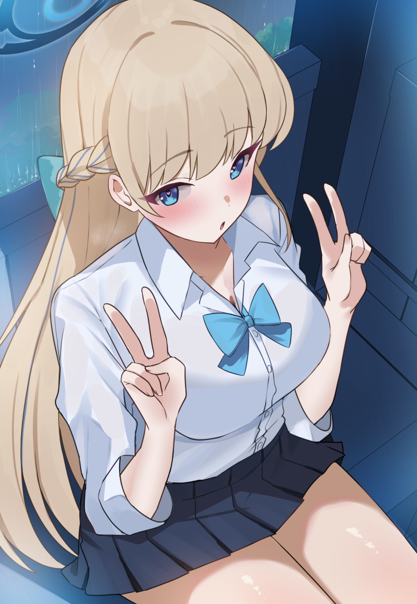 1girl :o absurdres black_skirt blonde_hair blue_archive blue_bow blue_bowtie blue_eyes blue_hair blue_halo blush bow bowtie braid breasts cleavage double_v half_up_braid halo heart heart-shaped_pupils highres long_hair looking_at_viewer medium_breasts mi_taro333 multicolored_hair pleated_skirt shirt sitting skirt sleeves_rolled_up solo streaked_hair symbol-shaped_pupils thighs toki_(blue_archive) toki_(school_uniform)_(blue_archive) v very_long_hair white_shirt