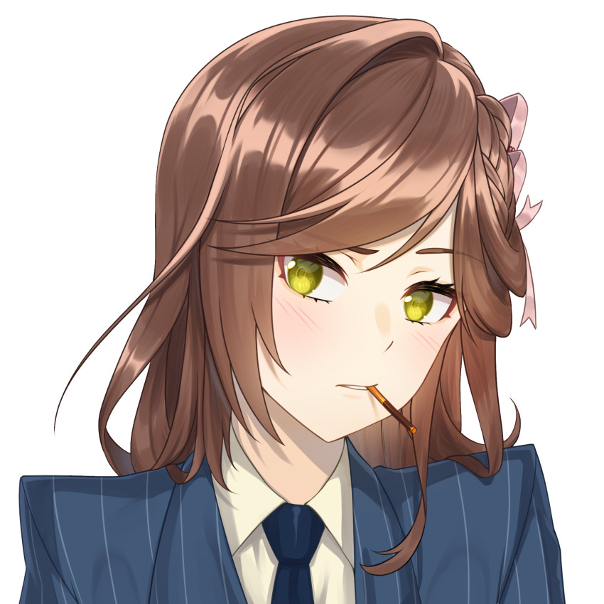 1girl acrylicstroke blu_spy_(tf2) blue_jacket blue_necktie brown_hair cigarette collared_shirt commission commissioner_upload cosplay formal_clothes green_eyes hair_ornament highres jacket long_hair looking_at_viewer necktie non-web_source rosa_(tears_of_themis) shirt smoking solo spy_(tf2) spy_(tf2)_(cosplay) striped_clothes striped_jacket team_fortress_2 tears_of_themis transparent_background upper_body vertical-striped_clothes vertical-striped_jacket white_shirt