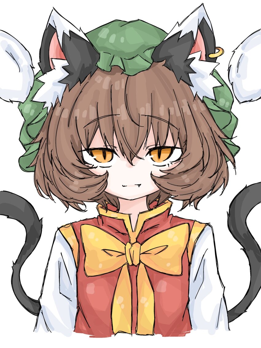 1girl animal_ear_piercing animal_ears bow bowtie brown_hair cat_ears cat_girl cat_tail chen closed_mouth commentary fang fumomono green_hat hat highres looking_at_viewer mob_cap multiple_tails orange_eyes short_hair simple_background slit_pupils solo tail touhou two_tails upper_body white_background yellow_bow yellow_bowtie