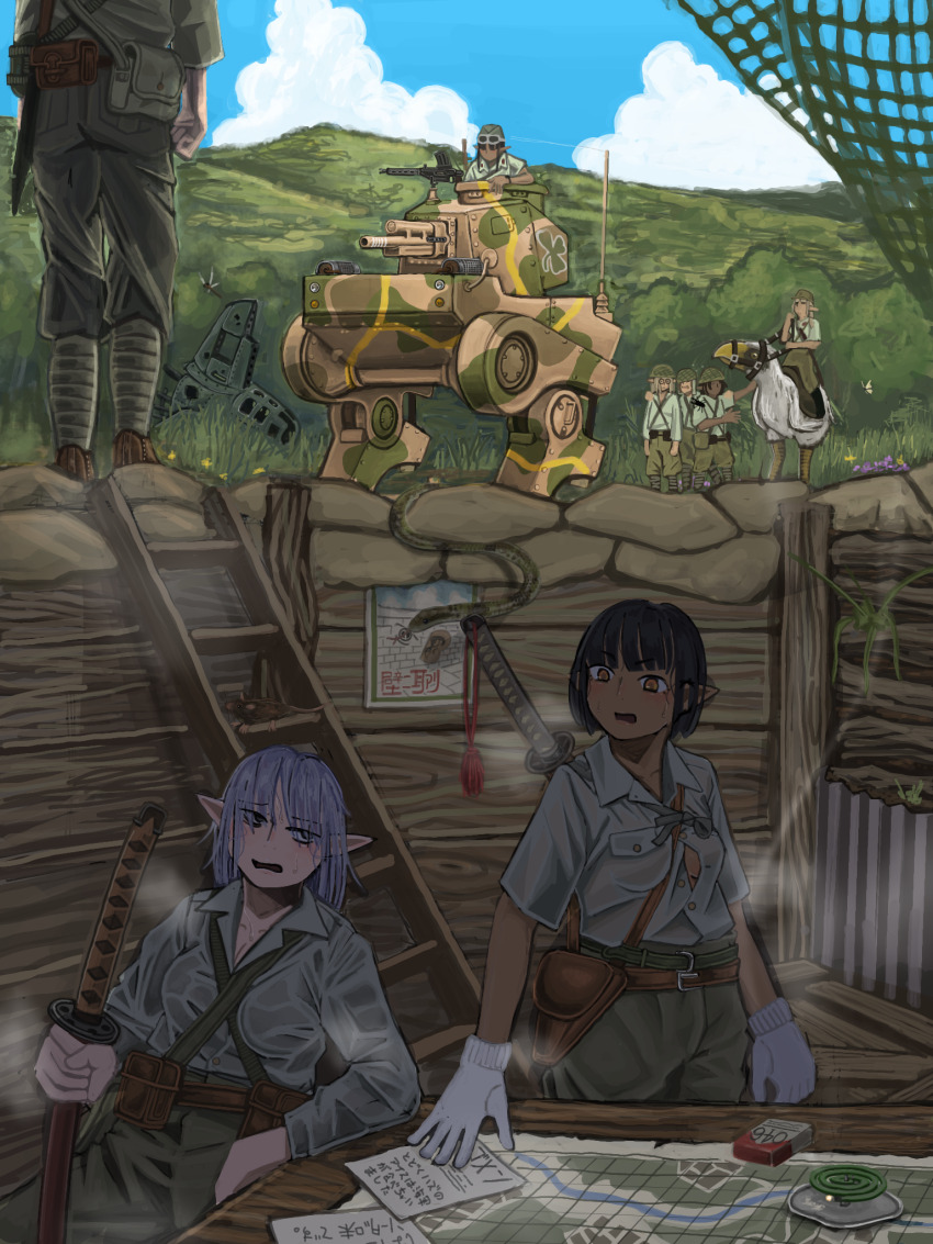 6+girls alternate_universe camouflage cavalry dark_elf elf gun guntou highres imperial_japanese_army machine_gun mecha military_uniform multiple_girls original pointy_ears robot steaming_body trench type_99_light_machine_gun user_udzw5885 weapon world_war_ii