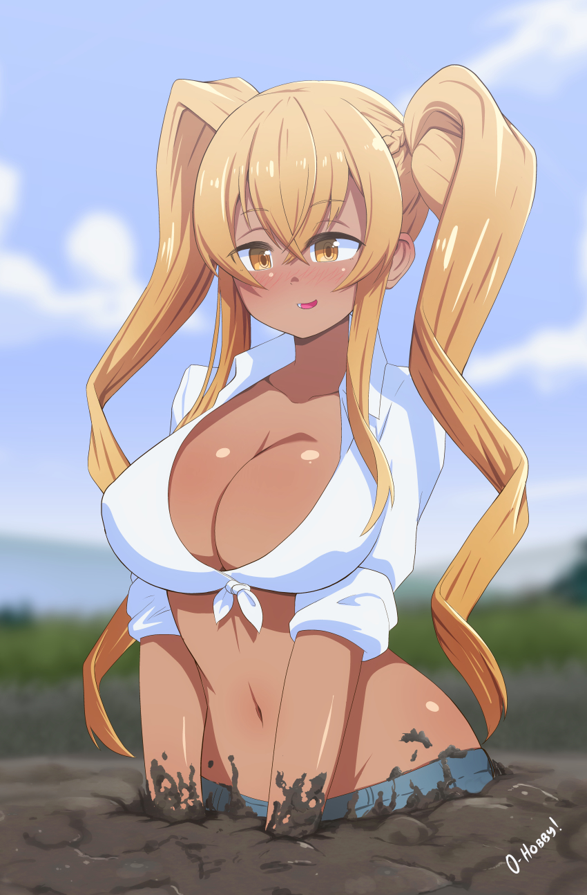 1girl 2020 absurdres blonde_hair blush breasts brown_eyes cleavage eyebrows eyelashes gyaru highres large_breasts long_hair midriff mud navel open_mouth oppaihobby partially_submerged quicksand shirt sinking solo stuck sunohara_nana sunoharasou_no_kanrinin-san tied_shirt twintails
