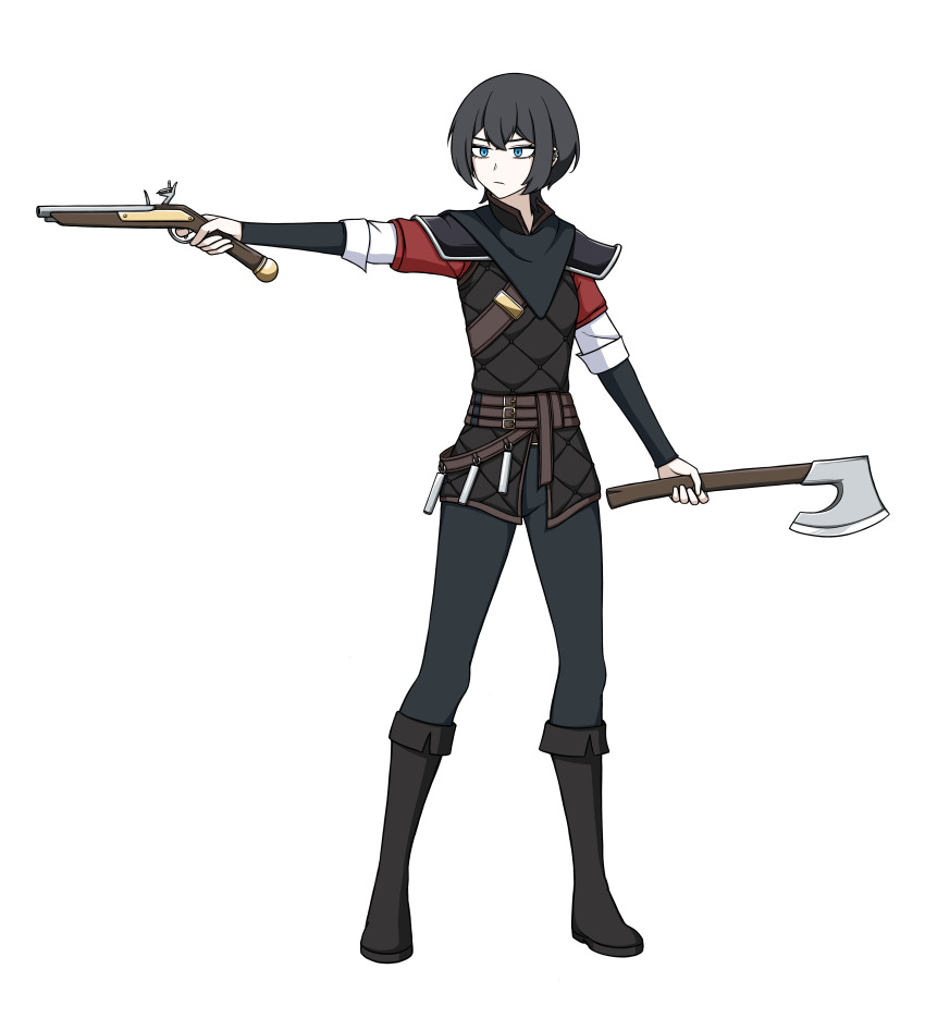 1girl absurdres alternate_costume antique_firearm armor axe black_armor black_hair black_pants boots brown_hair cosplay ear_piercing empire_(warhammer_fantasy) firearm firelock flintlock grey_eyes gun highres holding holding_axe holding_gun holding_weapon long_sleeves mp_sg padded_armor pants piercing short_hair solo tomboy tomboy_nuln_mercenary_(mp_sg) vermintide vermintide_2 victor_saltzpyre victor_saltzpyre_(cosplay) warhammer_fantasy weapon white_background