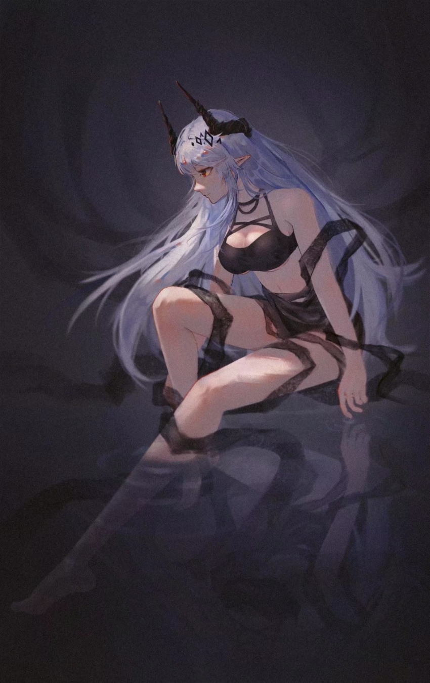 1girl arknights bikini black_bikini full_body highres long_hair mudrock_(arknights) partially_submerged pointy_ears shadow shadowking sitting solo swimsuit water