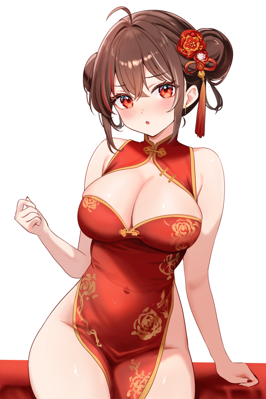 absurdres ahoge bare_arms bare_hips bare_shoulders bibixart blush breasts brown_hair china china_dress chinese_clothes chinese_new_year cleavage cleavage_cutout clothing_cutout covered_navel double_bun dress fingernails flower groin hair_bun hair_flower hair_ornament highres large_breasts mandarin_collar multicolored_hair nail_polish no_panties open_mouth original red_eyes red_nails red_streaks simple_background sitting thick_thighs thighs two-tone_hair white_background