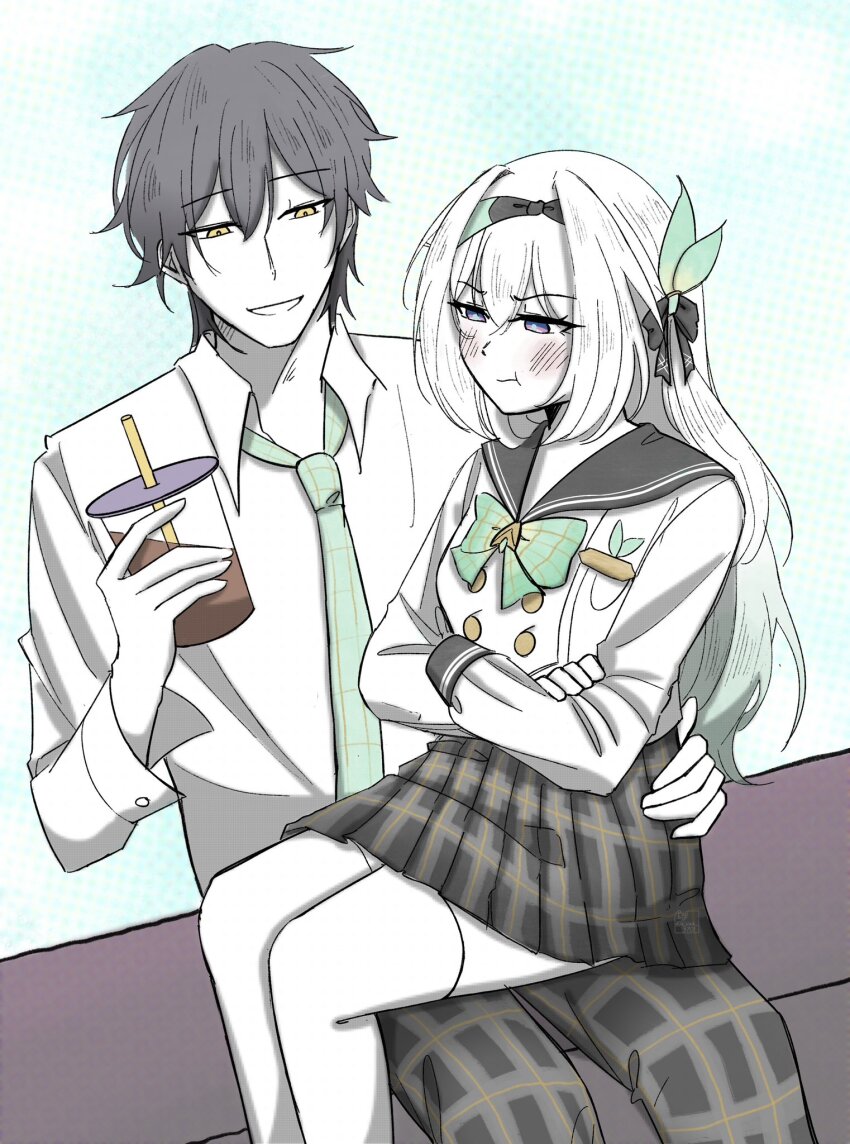 1boy 1girl black_hairband black_ribbon blush bow bowtie caelus_(honkai:_star_rail) checkered_bow checkered_bowtie checkered_clothes checkered_necktie crossed_arms cup disposable_cup drinking_straw firefly_(honkai:_star_rail) firefly_(spring_missive)_(honkai:_star_rail) gradient_hair green_bow green_bowtie green_necktie grey_sailor_collar hair_ornament hair_ribbon hairband highres holding holding_cup honkai:_star_rail honkai_(series) kira_yu_(kirara_3701) multicolored_hair necktie open_mouth pout ribbon sailor_collar shirt sitting sitting_on_lap sitting_on_person smile thighhighs trailblazer_(honkai:_star_rail) white_shirt white_thighhighs