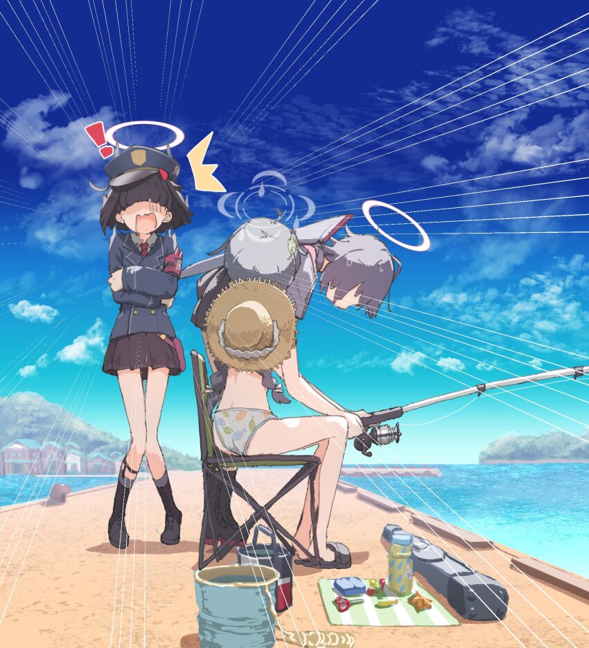 ! 3girls ^^^ ahoge armband backpack bag bikini black_footwear black_hair black_skirt blue_archive blue_jacket boots breasts bucket building buttons chair cloud collared_shirt day double-breasted emphasis_lines faceless faceless_female fishing fishing_rod full_body gehenna_student_(blue_archive) gloom_(expression) grey_shirt gun gun_sling hair_over_eyes halo hat highres holding holding_fishing_rod hoshi_umi jacket knees_together_feet_apart leaf leaf_on_head leaning_forward long_hair looking_at_another miniskirt miyu_(blue_archive) miyu_(swimsuit)_(blue_archive) multiple_girls necktie ocean open_mouth outdoors pier pleated_skirt police_hat prefect_team_member_(blue_archive) red_necktie rifle sandals scissors shadow shirt short_hair sitting skirt small_breasts standing starfish straw_hat surprised swimsuit thermos weapon weapon_case white_bikini