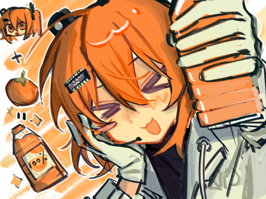 &gt;_&lt; 1girl :3 a.i._voice adachi_rei black_shirt blush blush_stickers bottle chibi chibi_inset chinese_commentary commentary_request dill_(adachi_rei_zero) drink facing_viewer food fruit gloves hands_up headlamp headset holding holding_bottle holding_drink incoming_drink jacket juice long_sleeves medium_hair multiple_views open_clothes open_jacket orange_(fruit) orange_background orange_hair orange_juice portrait scribble_background shirt single_blush_sticker smile sparkle utau white_gloves white_jacket