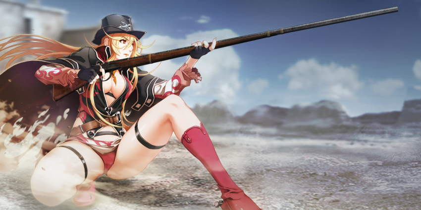 1girl blonde_hair boots cowboy_hat cowboy_western donne_anonime fingerless_gloves full_body gloves gun hat highres long_hair nishii_(damnedrive) nitroplus official_art one_eye_closed panties red_panties rifle underwear weapon wink zoku_satsuriku_no_django