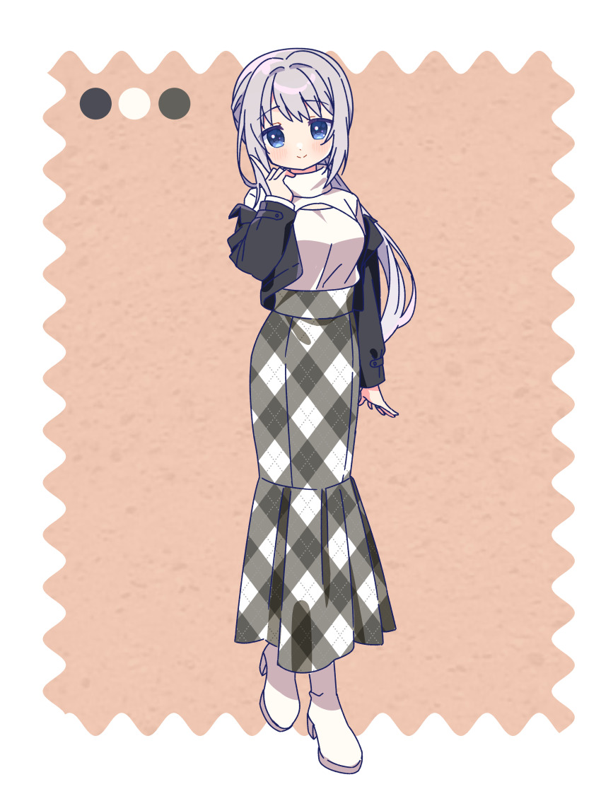 1girl absurdres argyle_clothes argyle_skirt black_jacket blue_eyes boots border brown_background cleavage_cutout closed_mouth clothing_cutout color_guide grey_hair highres jacket light_blush long_hair long_skirt looking_at_viewer magia_record:_mahou_shoujo_madoka_magica_gaiden mahou_shoujo_madoka_magica off-shoulder_jacket off_shoulder outside_border ponytail ruru_(rurumagi) skirt smile solo sweater turtleneck turtleneck_sweater white_boots white_border white_sweater yakumo_mitama