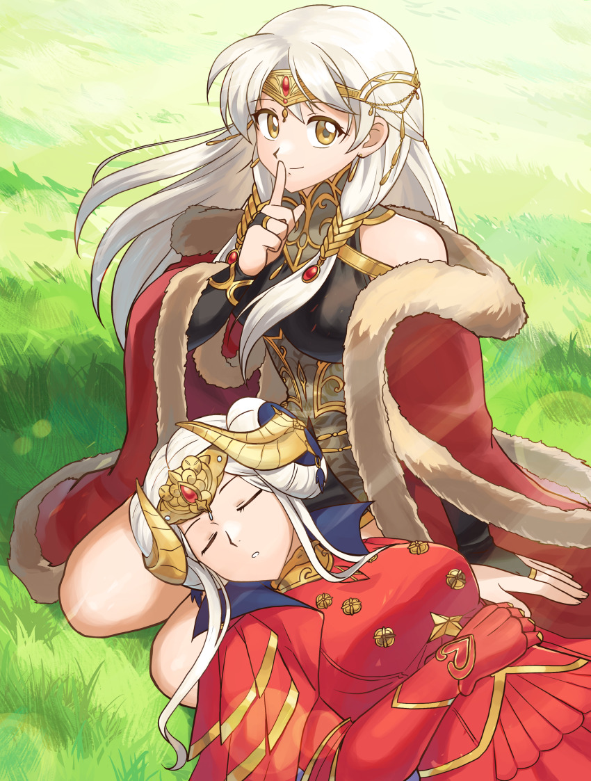 2girls absurdres betabetamaru breasts cape closed_eyes dress earrings edelgard_von_hresvelg finger_to_mouth fire_emblem fire_emblem:_radiant_dawn fire_emblem:_three_houses grass highres jewelry long_hair looking_at_viewer medium_breasts micaiah_(fire_emblem) micaiah_(radiant_queen)_(fire_emblem) multiple_girls nintendo sleeping smile white_hair yellow_eyes