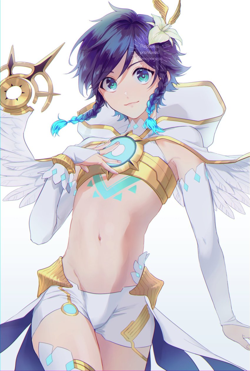 1boy angel_wings black_hair blue_eyes blue_hair blush braid cecilia_flower_(genshin_impact) commentary english_commentary feathered_wings flower genshin_impact glowing glowing_hair gold_trim gradient_hair hair_between_eyes hair_flower hair_ornament hand_on_own_chest highres hood hood_down looking_at_viewer male_focus mapogeso multicolored_hair navel robe simple_background smile solo stomach thighs trap twin_braids venti_(archon)_(genshin_impact) venti_(genshin_impact) white_background white_flower white_wings wings