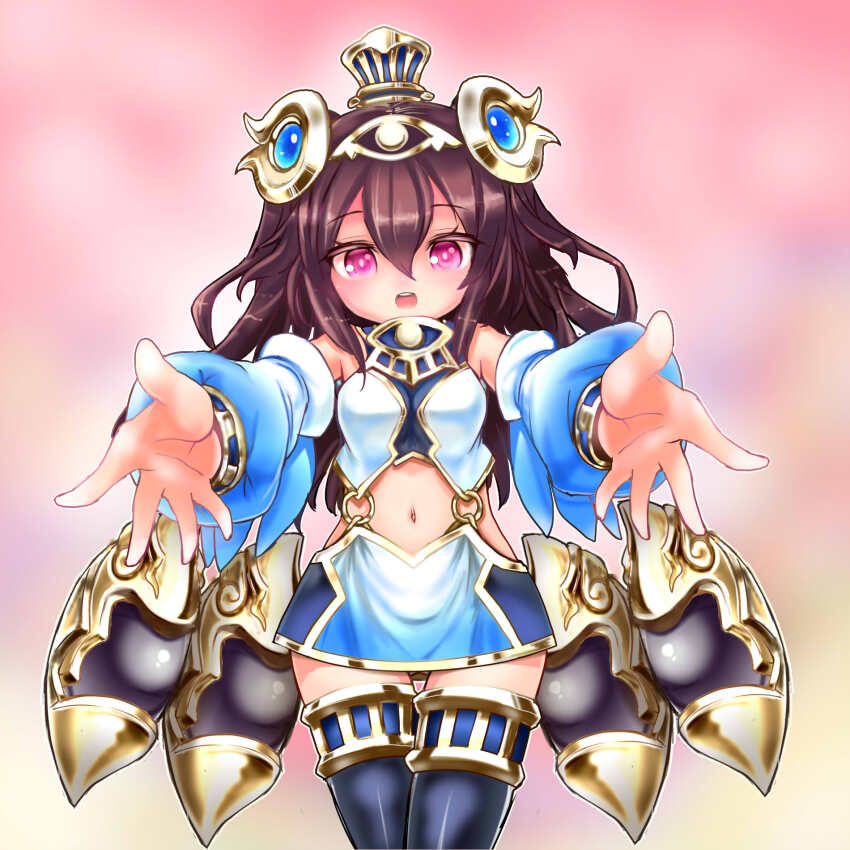 ajitarou_(setsu) blue_dress blue_sleeves boots brown_hair detached_sleeves dress emil_chronicle_online hair_ornament highres hug_invitation isis_(eco) midriff navel open_mouth outstretched_arm pink_eyes thigh_boots thighs