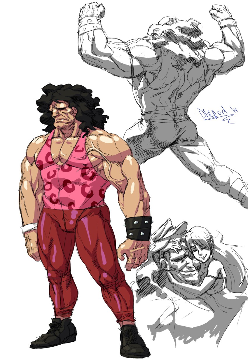 1boy 1girl afro black_hair diepod final_fight hetero highres hug hugo_andore muscular pink_theme poison_(final_fight) skin_tight street_fighter veins