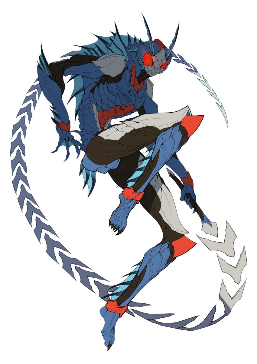 absurdres anklet antennae armor biorider black_nails bracelet catball1994 creature fingernails fins glowing glowing_eyes highres holding holding_weapon jewelry kamen_rider kamen_rider_black_rx_(series) monster_boy monsterification nail_polish organic red_armor red_eyes sea_creature stylistic sword tail toenails weapon whip_sword white_background