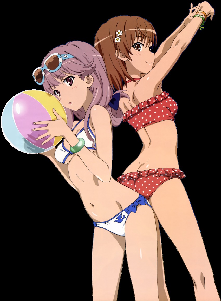 2girls ass ass-to-ass ball bikini breasts brown_eyes brown_hair butt_crack cleavage derivative_work dimples_of_venus highres holding holding_ball looking_at_viewer meigo_arisa misaka_mikoto multiple_girls navel purple_hair small_breasts smile swimsuit third-party_edit third-party_extraction toaru_majutsu_no_index transparent_background underboob vector_trace
